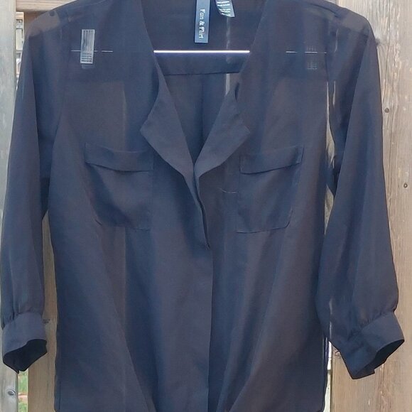 FUN & FLIRT Sheer Black Blouse with Tie Waist Women's Size Medium - Picture 4 of 5